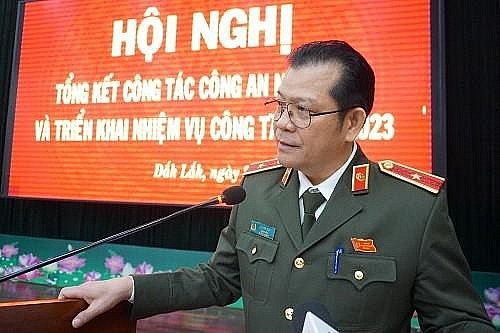 Đồng chí Thiếu tướng Lê Vinh Quy - Giám đốc Công an tỉnh phát biểu khai mạc Hội nghị và quán triệt một số nội dung tại Hội nghị Công an toàn quốc lần thứ 78
