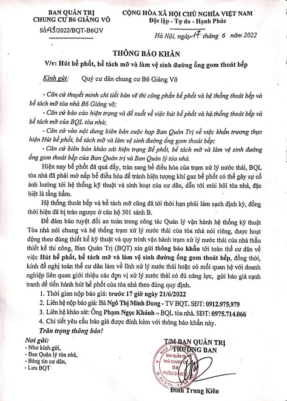 Chung cư B6 Giảng võ (The Golden Armor): Sức khỏe cư dân đang bị thách thức do hệ thống xả thải tòa nhà dấu hiệu hư hỏng nặng kéo dài, vi phạm nghiêm trọng Luật Môi trường. Cơ quan chức năng cần vào cuộc để đảm bảo môi trường sống cho cư dân. Chung cư B6 Giảng Võ: Dân