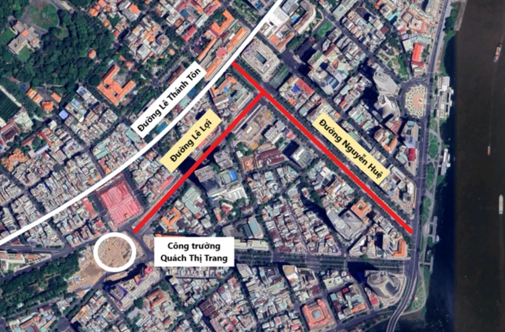 Đoạn đường Nguyễn Huệ và Lê Lợi sẽ cấm xe. Ảnh: Google Maps.