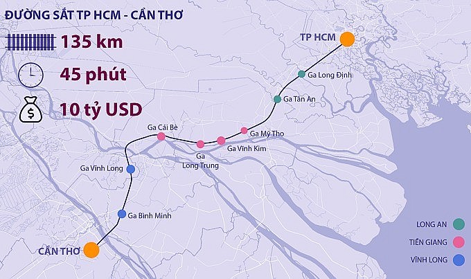 Hướng tuyến đường sắt TP HCM - Cần Thơ theo đề xuất đầu năm 2021. Đồ họa: Khánh Hoàng.