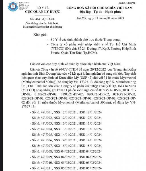 Thu hồi toàn quốc 11 lô thuốc Myomethol nhập khẩu không đạt tiêu chuẩn chất lượng