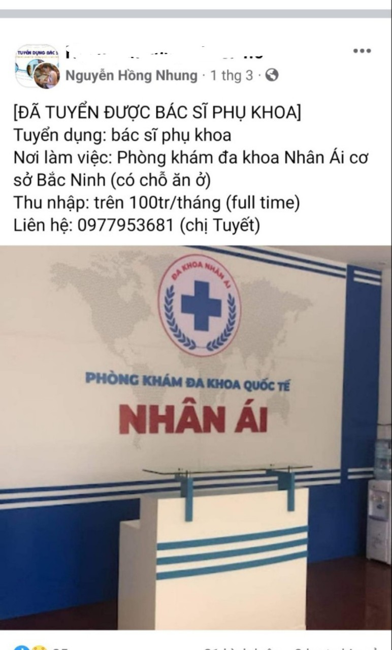 Phát lộ BS. Đỗ Thị Hồng Tiếp phụ trách CK Xét nghiệm tại Phòng khám đa khoa quốc tế Nhân Ái, nhưng lại hành nghề tại một PK ở Hà Nội