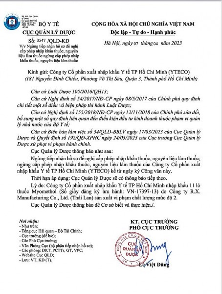 Công ty YTECO TP.HCM nhập khẩu 11 lô thuốc Myomethol vi phạm chất lượng