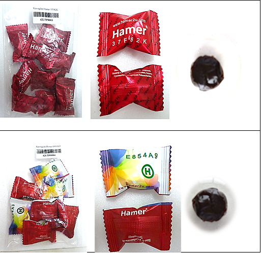 Hai trong 6 mẫu kẹo Hamer bị phát hiện chứa chất cấm. Ảnh: Viện Kiểm nghiệm thuốc TP HCM.