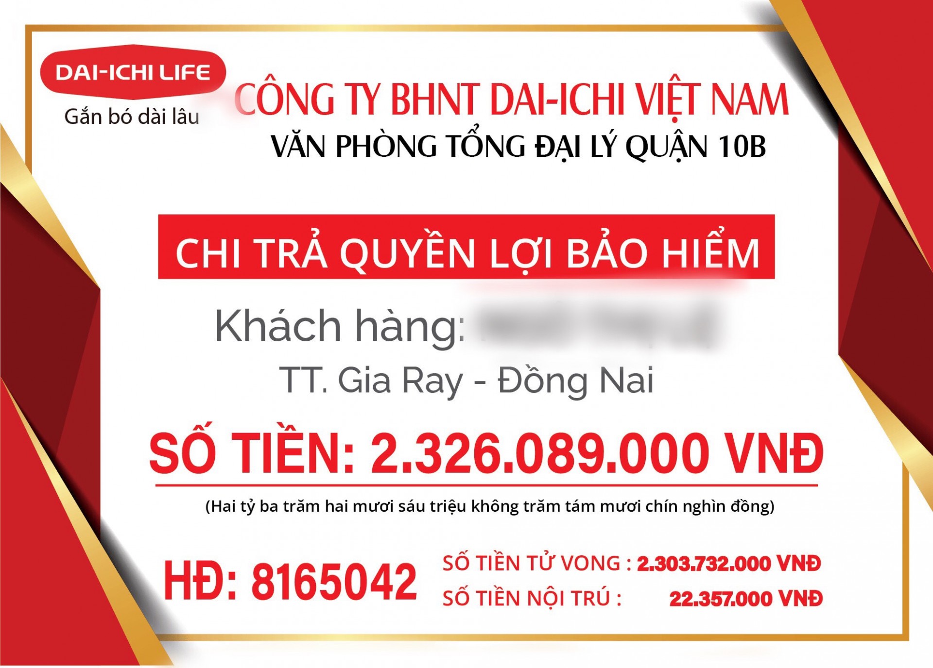Bảo hiểm nhân thọ DAI-ICHI Việt Nam chi trả hơn 2,3 tỷ đồng quyền lợi tử vong cho khách hàng
