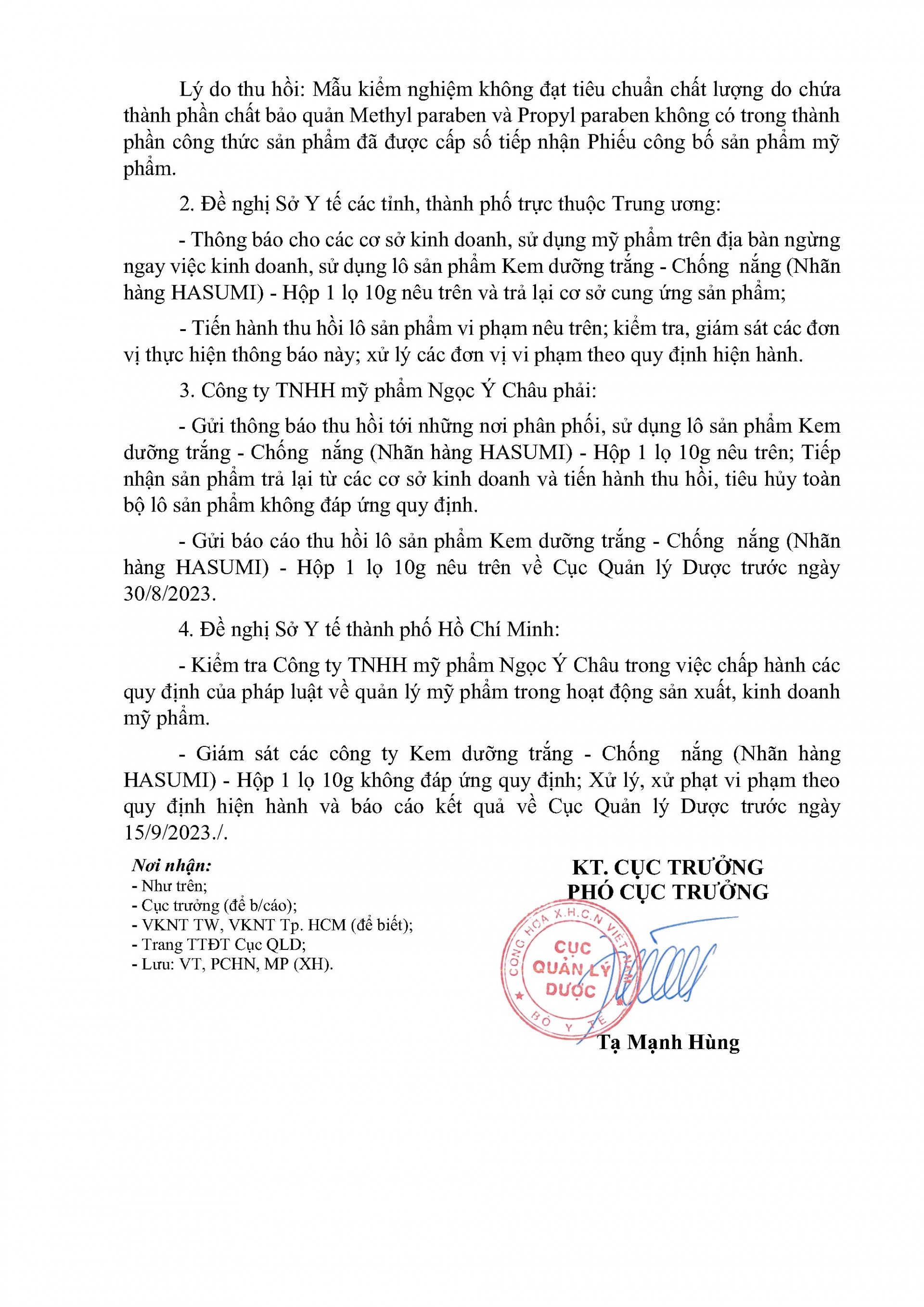 Thu hồi trên toàn quốc lô kem dưỡng trắng da, chống nắng không đạt chất lượng nhãn hiệu HASUMI