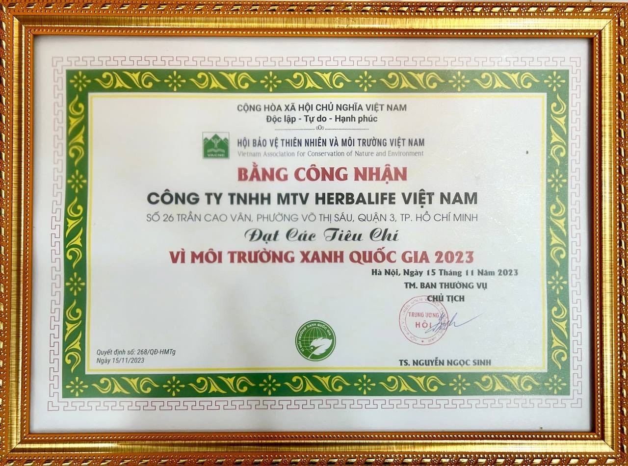 Herbalife Việt Nam đã xuất sắc đạt đủ các tiêu chí để nhận bằng công nhận “Vì Môi Trường xanh Quốc gia 2023”