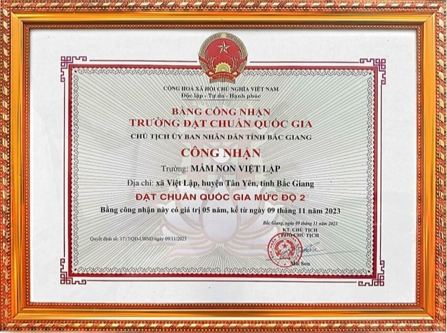 Trường mầm non Việt Lập huyện Tân Yên, tỉnh Bắc Giang đạt kiểm định chất lượng giáo dục cấp độ 3 - chuẩn quốc gia mức độ 2
