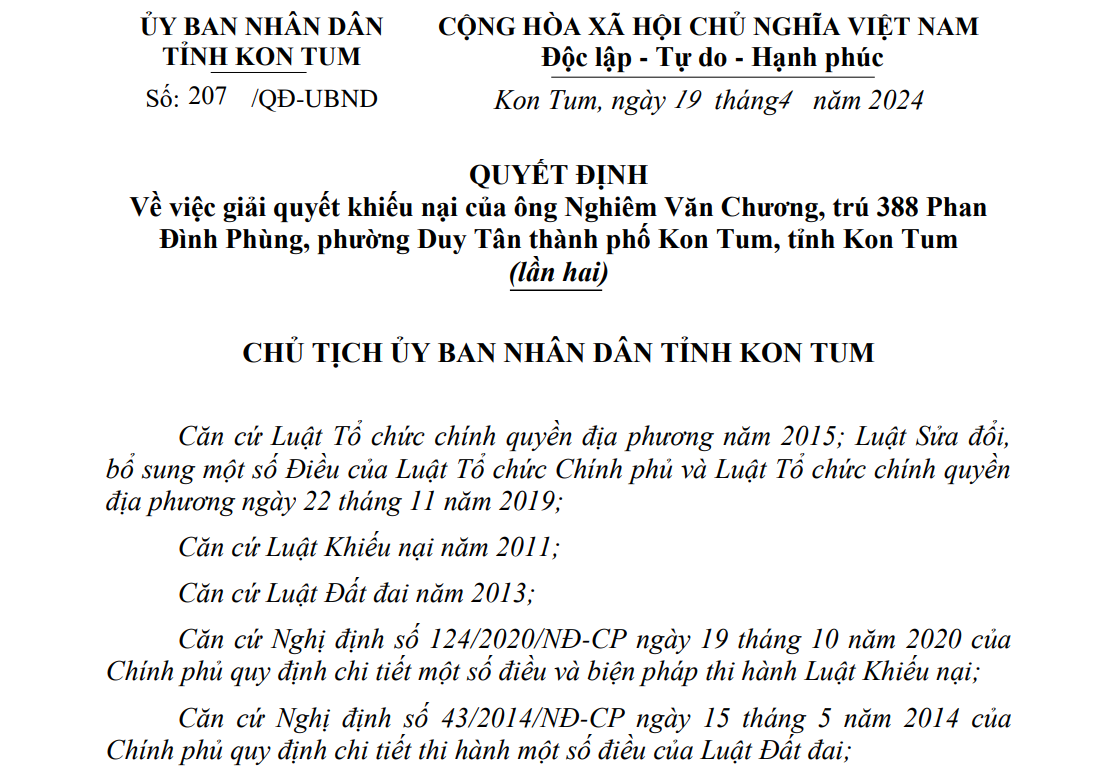 Quyết định của Chủ tịch UBND tỉnh Kon Tum