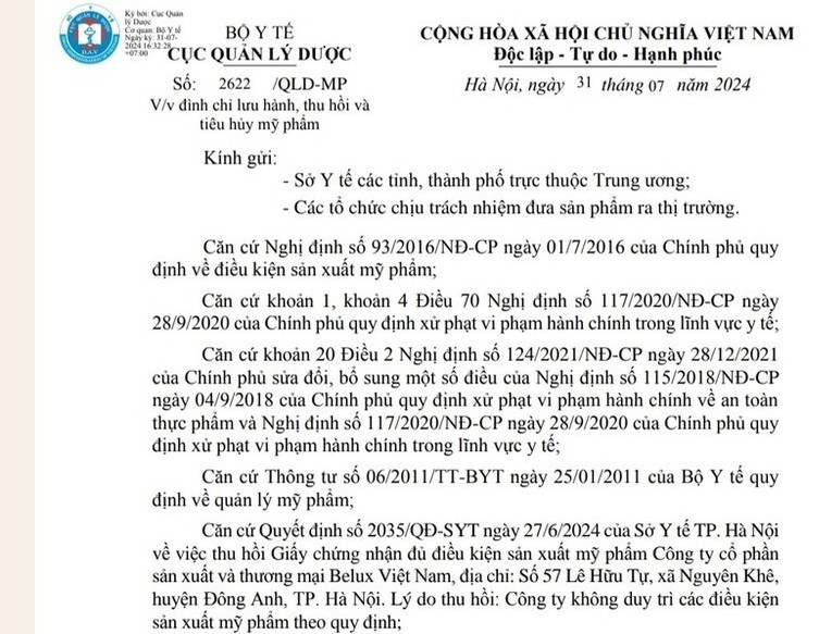 Thu hồi 206 sản phẩm mỹ phẩm của Công ty cổ phần sản xuất và thương mại Belux Việt Nam