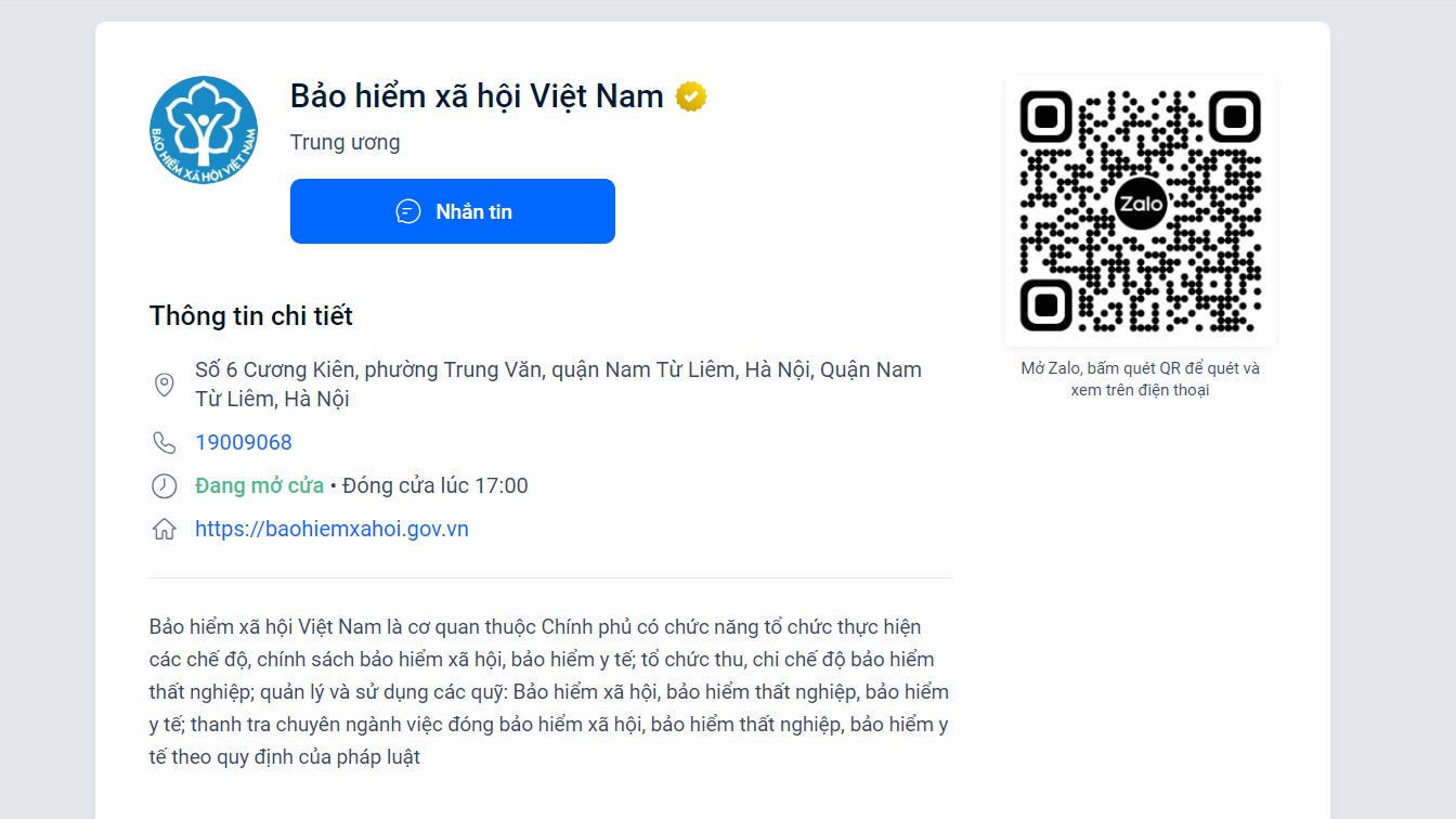 Thành lập tài khoản Zalo Bảo hiểm xã hội Việt Nam