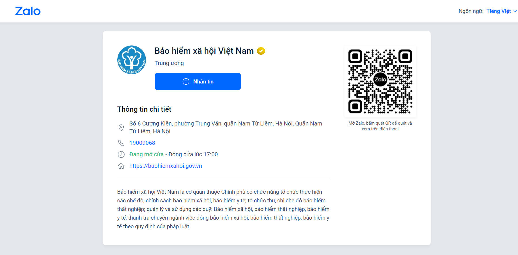 Thành lập tài khoản Zalo Bảo hiểm xã hội Việt Nam
