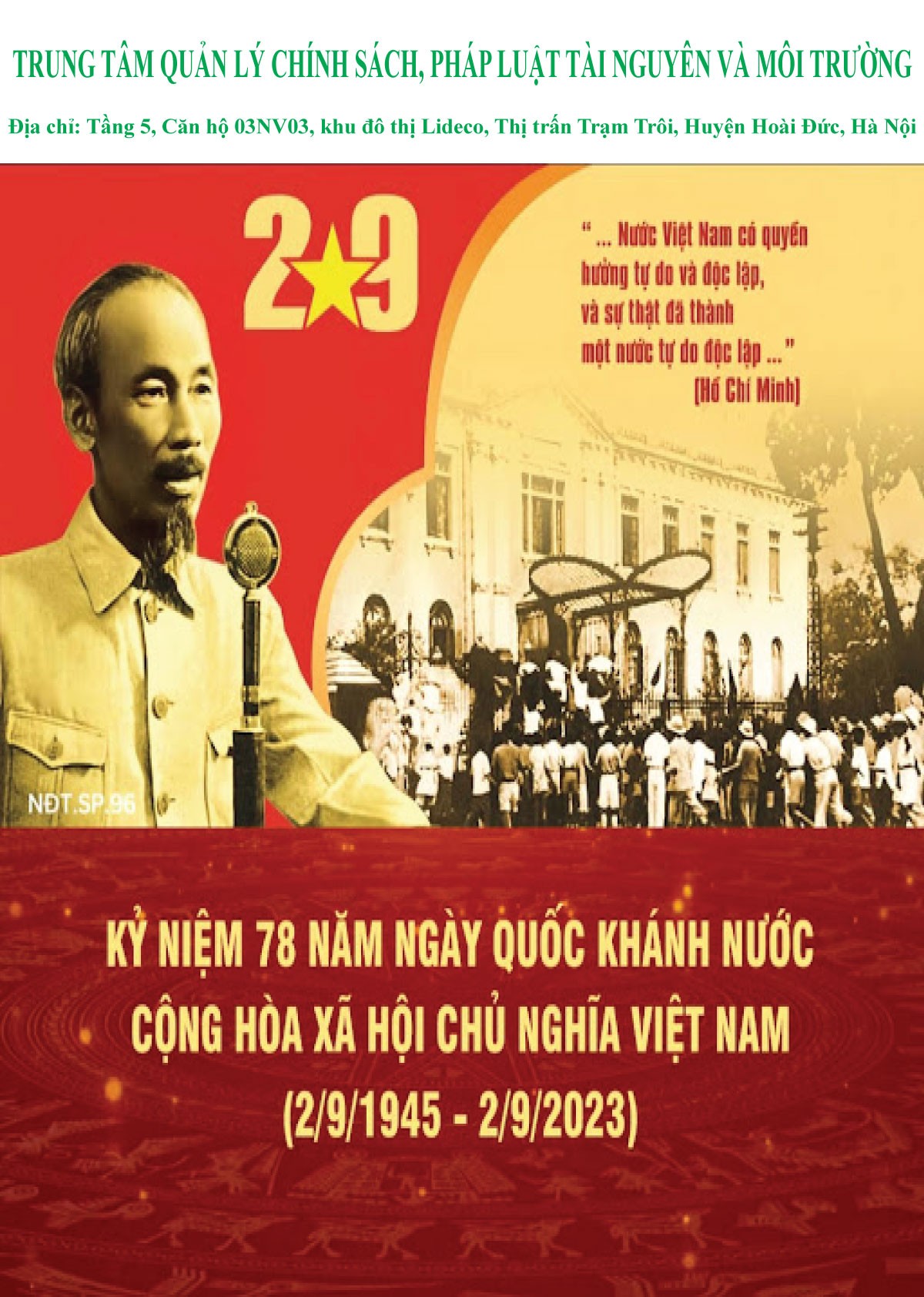 Trung tâm Quản lý chính sách, pháp luật tài nguyên và môi trường Chúc mừng kỷ niệm 78 năm Quốc khánh nước CHXHCN Việt Nam