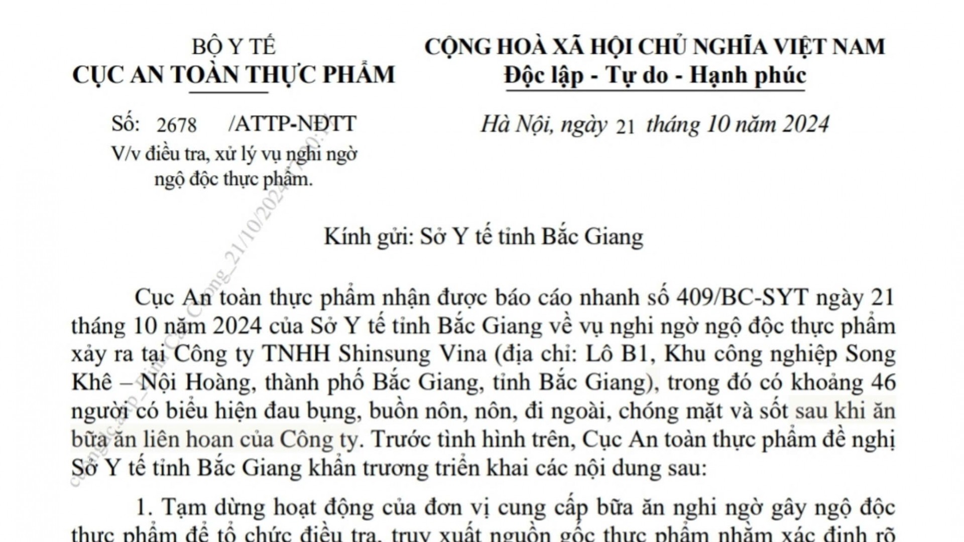 Điều tra, xử lý vụ nghi ngờ ngộ độc thực phẩm xảy ra tại Công ty TNHH Shinsung Vina