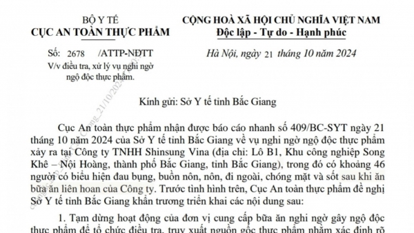 Điều tra, xử lý vụ nghi ngờ ngộ độc thực phẩm xảy ra tại Công ty TNHH Shinsung Vina