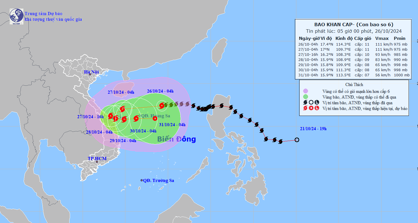 Bão số 6 giật cấp 14, gây mưa to ở miền Trung