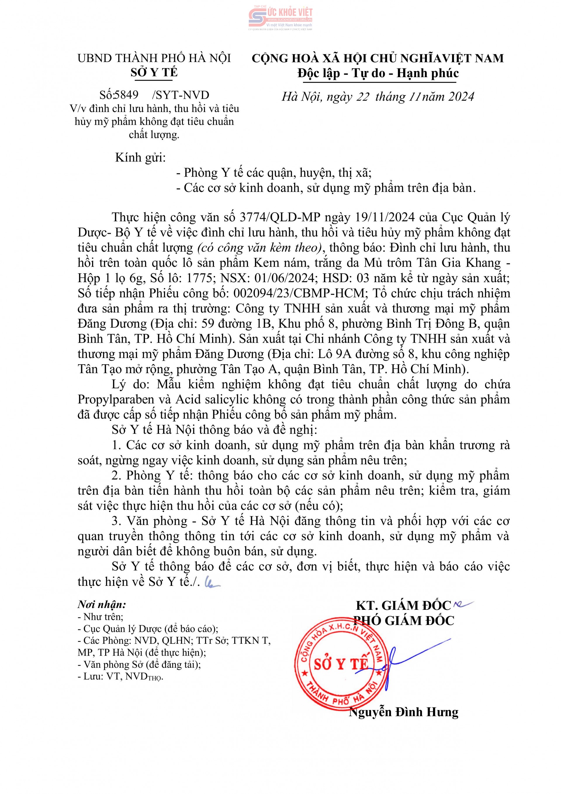 Sở Y tế Hà Nội đình chỉ lưu hành và thu hồi mỹ phẩm không đạt tiêu chuẩn chất lượng