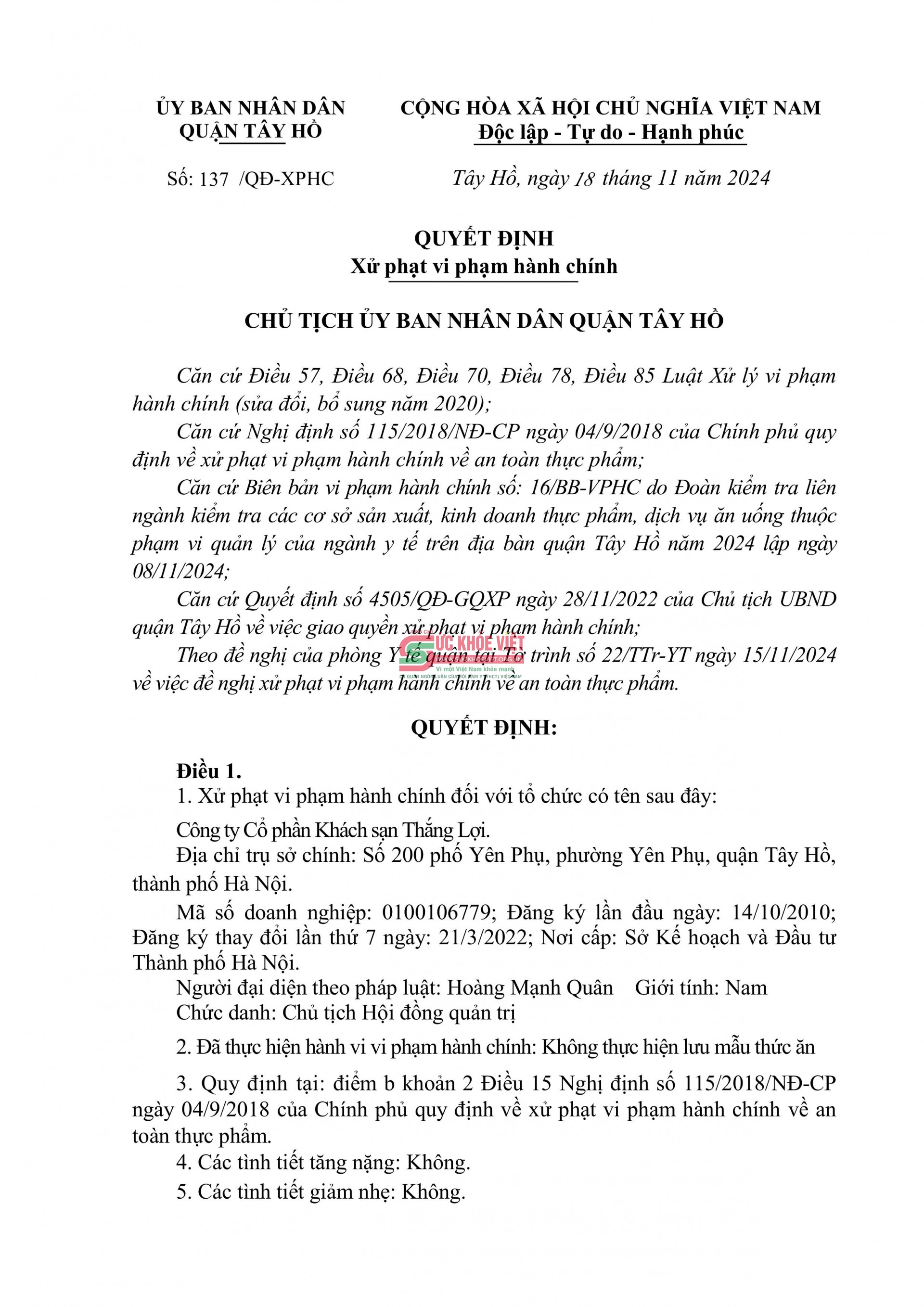 Hà Nội: Khách sạn Thắng Lợi bị xử phạt vì vi phạm an toàn thực phẩm