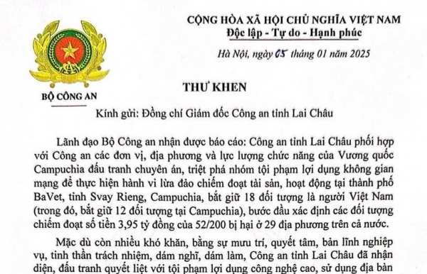 Lãnh đạo Bộ Công an gửi thư khen Công an tỉnh Lai Châu