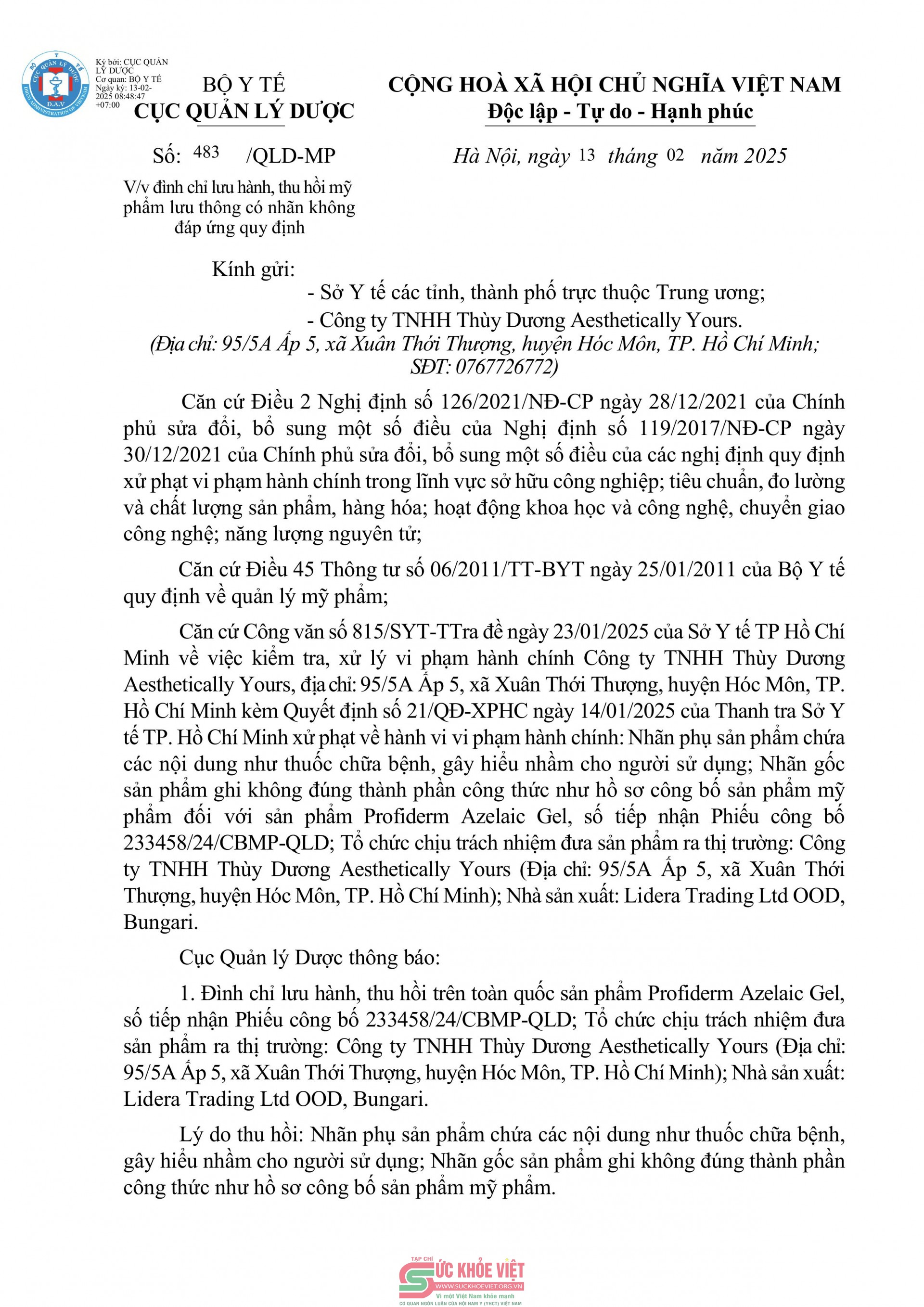 Vì sao mỹ phẩm Profiderm Azelaic Gel bị đình chỉ và thu hồi trên toàn quốc?