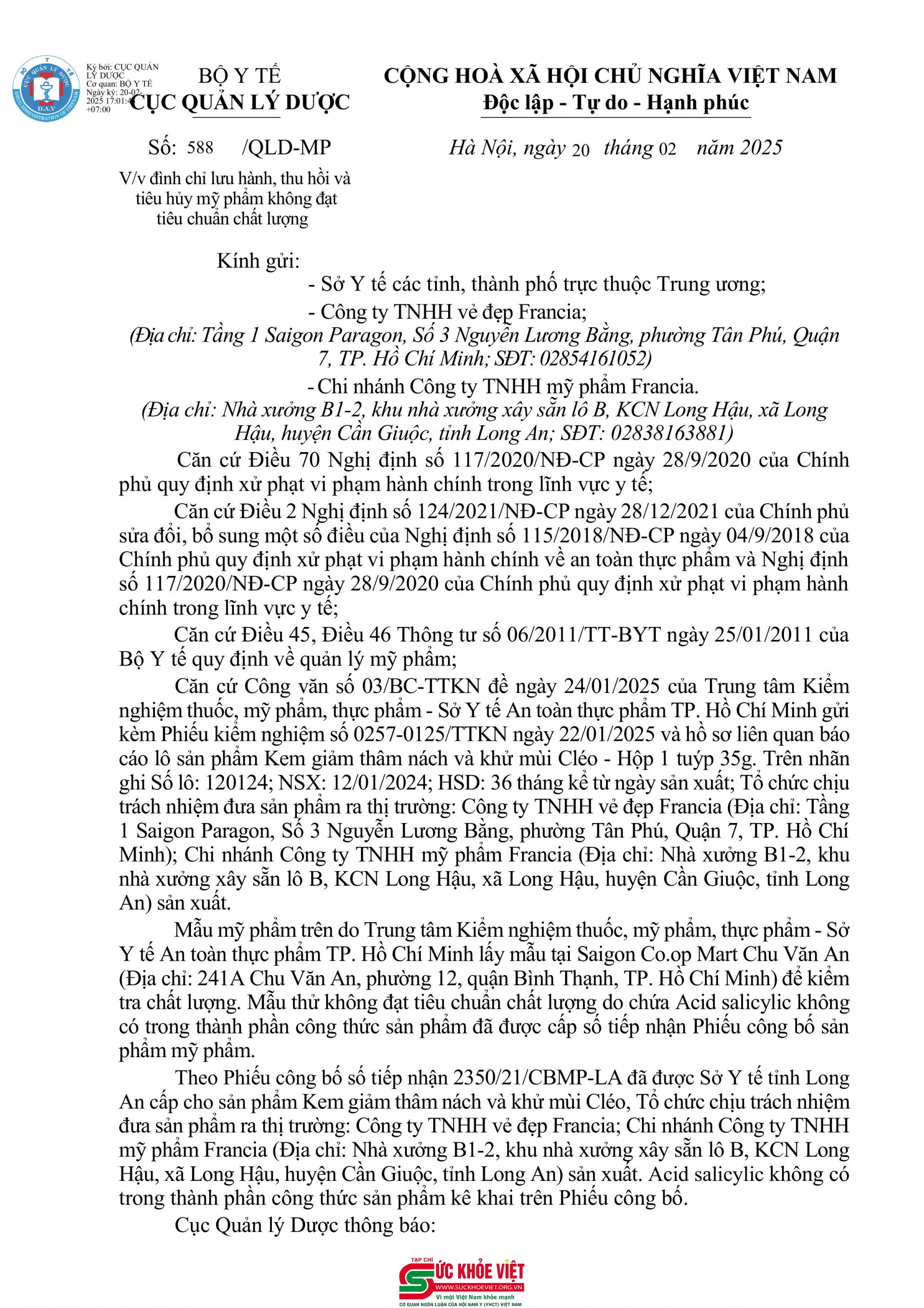 Thu hồi và tiêu hủy mỹ phẩm không đạt chuẩn của Công ty TNHH Vẻ đẹp Francia