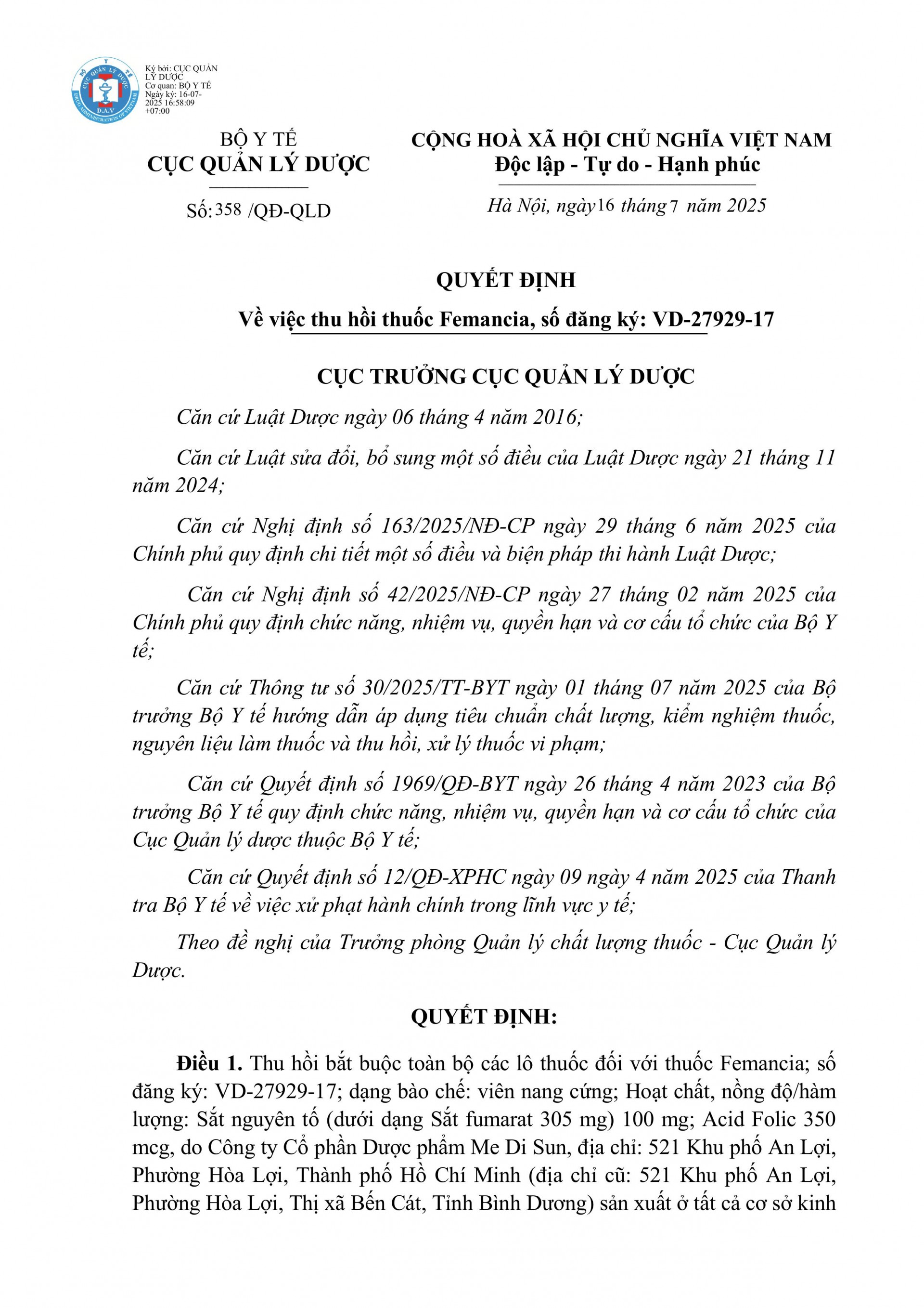 Thuốc sắt Femancia bị cấm sản xuất và lưu hành: Doanh nghiệp dược Me Di Sun vi phạm chất lượng mức độ 2