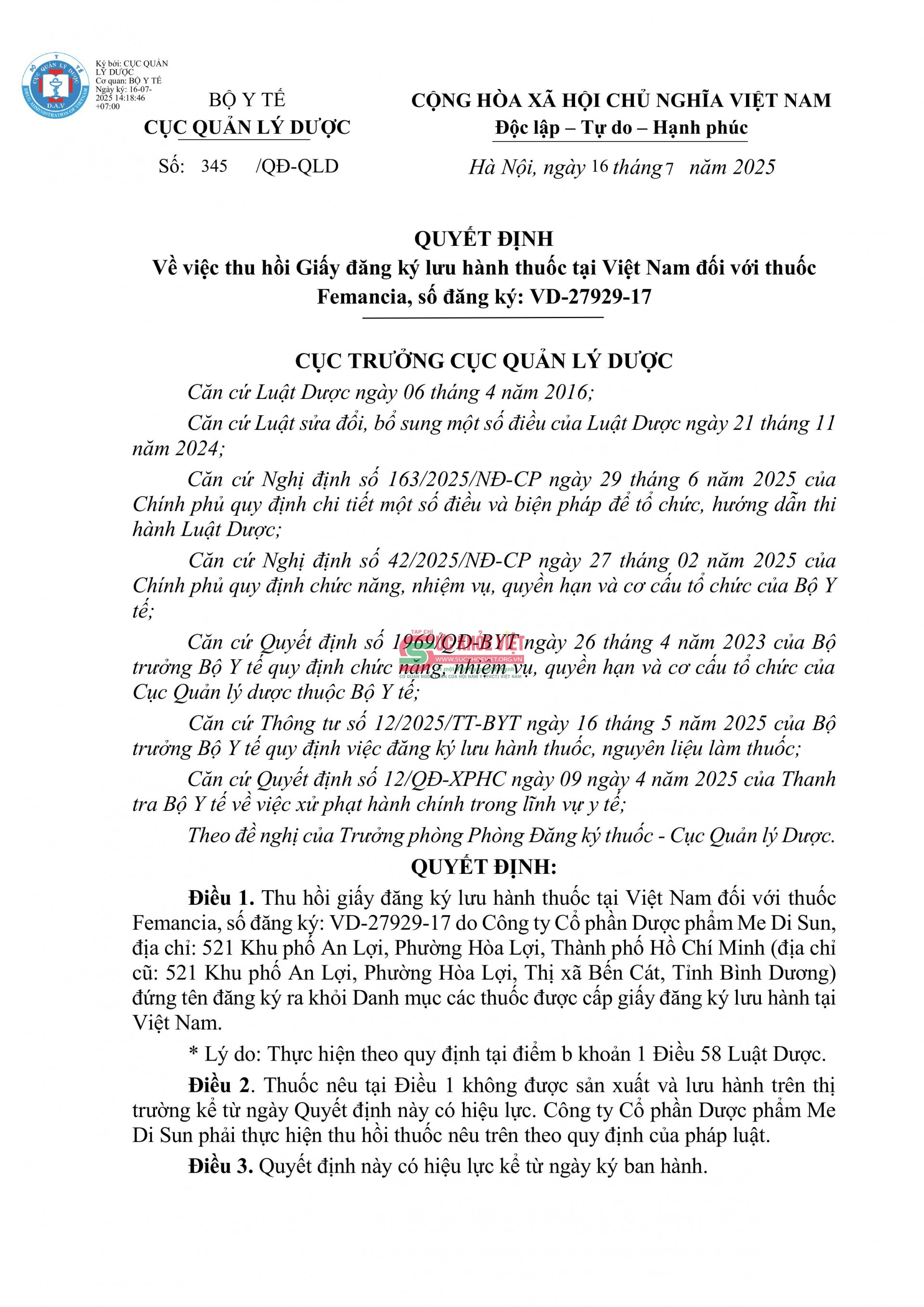 Thuốc sắt Femancia bị cấm sản xuất và lưu hành: Doanh nghiệp dược Me Di Sun vi phạm chất lượng mức độ 2