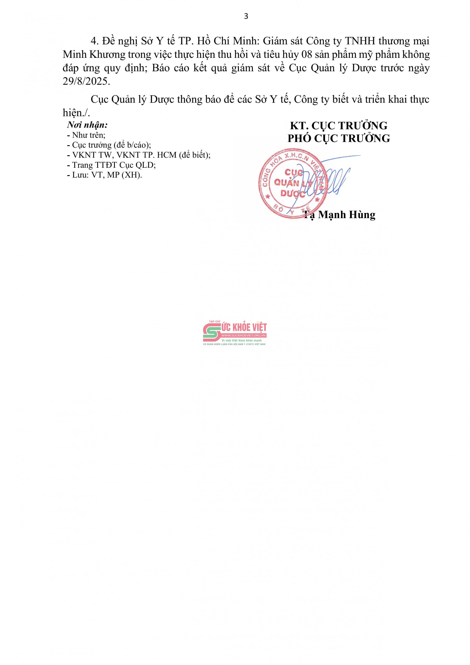 Thêm 8 sản phẩm mỹ phẩm của Công ty Minh Khương bị Bộ Y tế đình chỉ lưu hành và buộc tiêu hủy Thêm 8 sản phẩm mỹ phẩm của Công ty Minh Khương bị Bộ Y tế đình chỉ lưu hành và buộc tiêu hủy