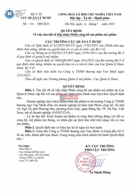 Bộ Y tế: Thu hồi 8 mỹ phẩm cao cấp nhập khẩu do gian lận công bố –Công ty Vạn Minh bị đình chỉ tiếp nhận đăng ký Bộ Y tế: Thu hồi 8 mỹ phẩm cao cấp nhập khẩu do gian lận công bố –Công ty Vạn Minh bị đình chỉ tiếp nhận đăng ký