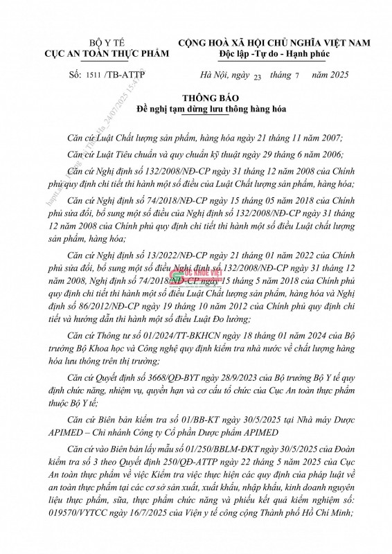Bộ Y tế tạm dừng luu thông lô viên sủi APIROCA-B do không đạt chất lượng Bộ Y tế tạm dừng luu thông lô viên sủi APIROCA-B do không đạt chất lượng