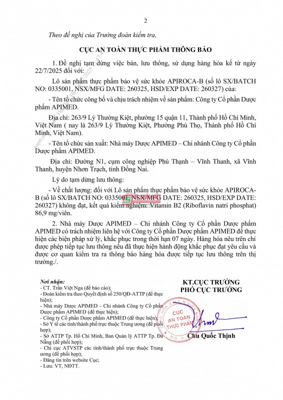 Bộ Y tế tạm dừng luu thông lô viên sủi APIROCA-B do không đạt chất lượng Bộ Y tế tạm dừng luu thông lô viên sủi APIROCA-B do không đạt chất lượng