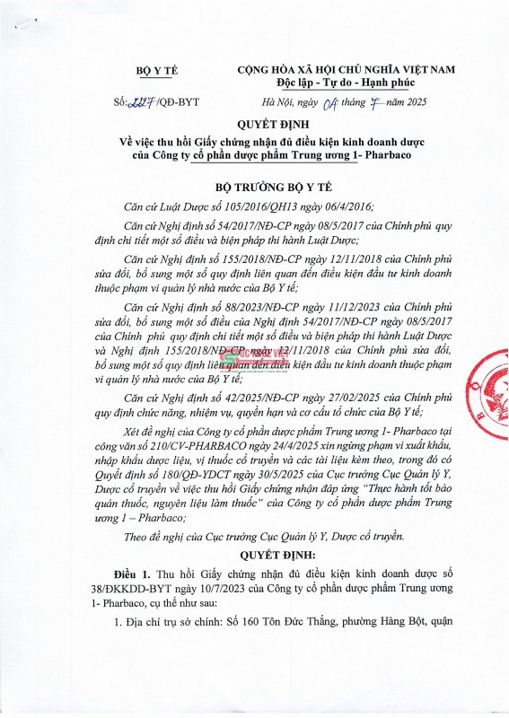 Bộ Y tế thu hồi giấy chứng nhận kinh doanh dược của Dược phẩm Trung ương 1 – Pharbaco