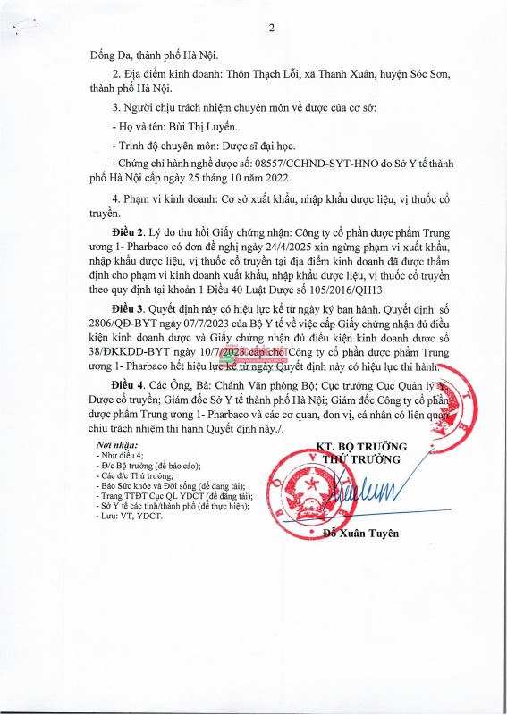 Bộ Y tế thu hồi giấy chứng nhận kinh doanh dược của Dược phẩm Trung ương 1 – Pharbaco