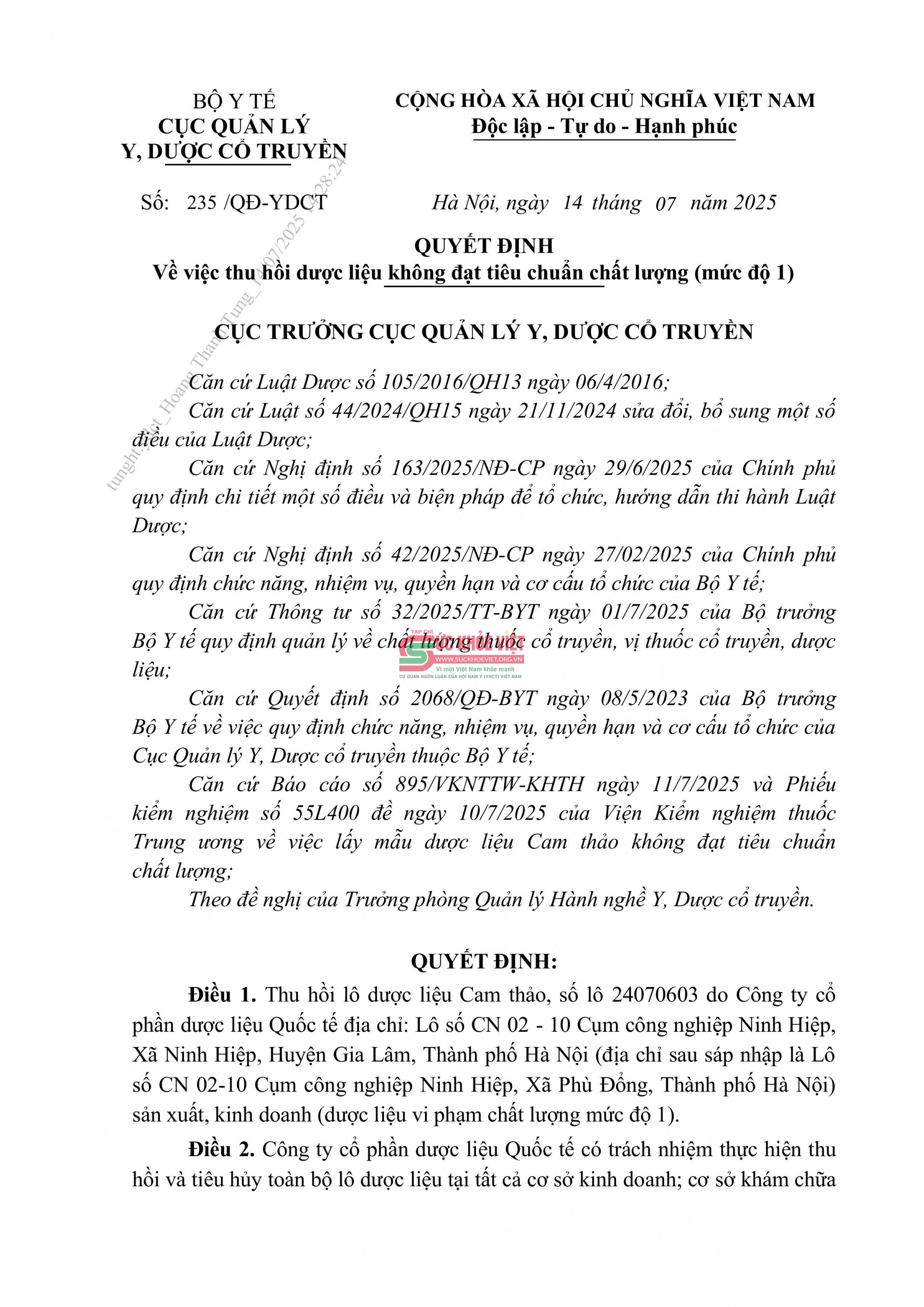 Cảnh báo nghiêm trọng: Thu hồi lô dược liệu cam thảo không đạt chất lượng – nguy cơ ảnh hưởng tới sức khỏe người dùng