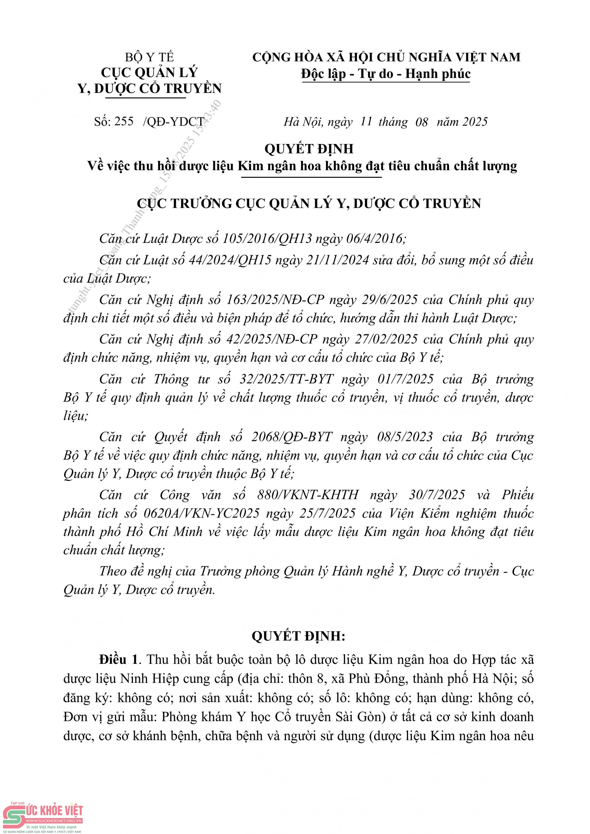 Bộ Y tế thu hồi toàn bộ dược liệu Kim ngân hoa của Hợp tác xã dược liệu Ninh Hiệp vì không đạt tiêu chuẩn chất lượng