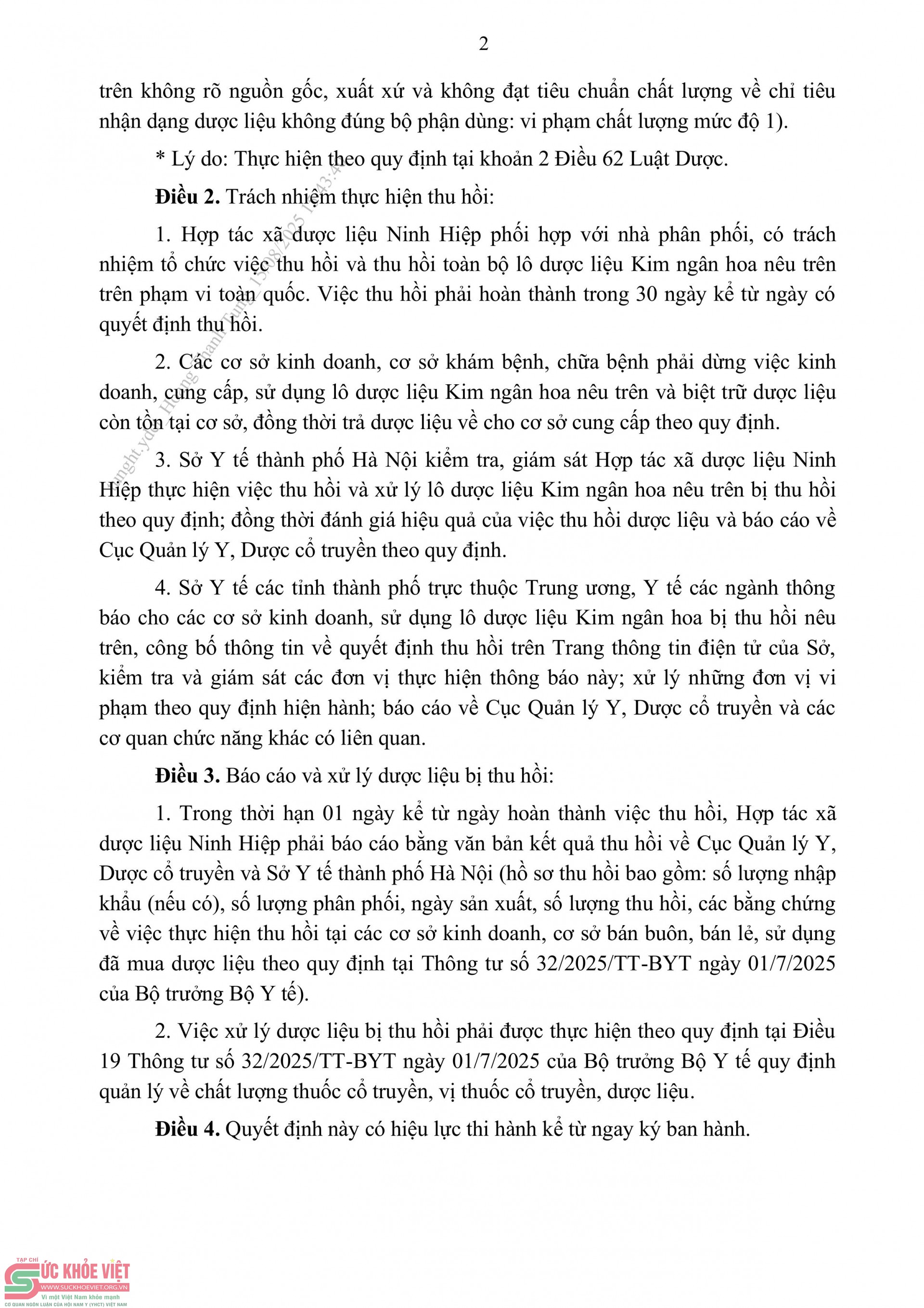 Bộ Y tế thu hồi toàn bộ dược liệu Kim ngân hoa của Hợp tác xã dược liệu Ninh Hiệp vì không đạt tiêu chuẩn chất lượng