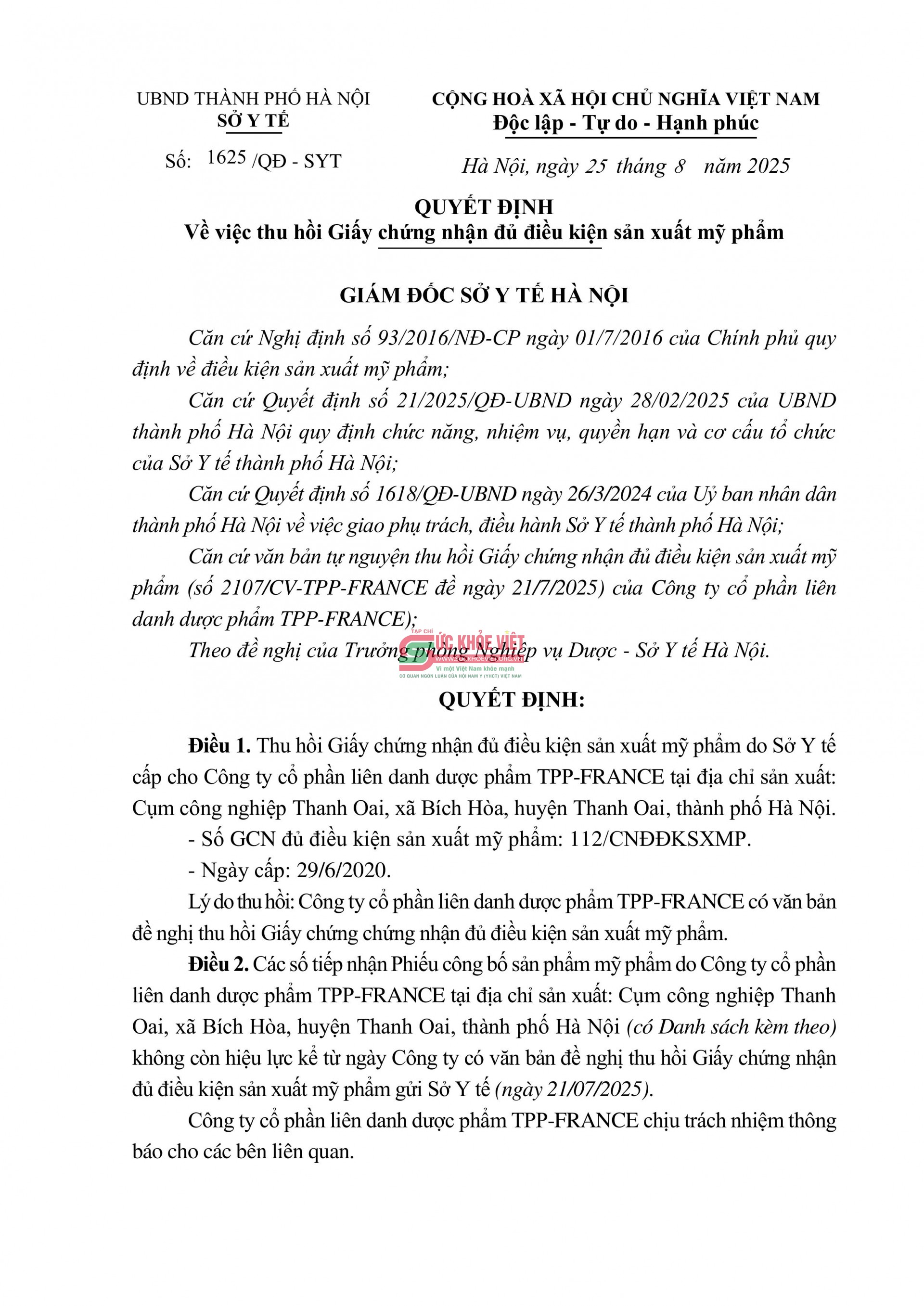 Hà Nội thu hồi Giấy chứng nhận sản xuất mỹ phẩm của Công ty TPP-France Hà Nội thu hồi Giấy chứng nhận sản xuất mỹ phẩm của Công ty TPP-France