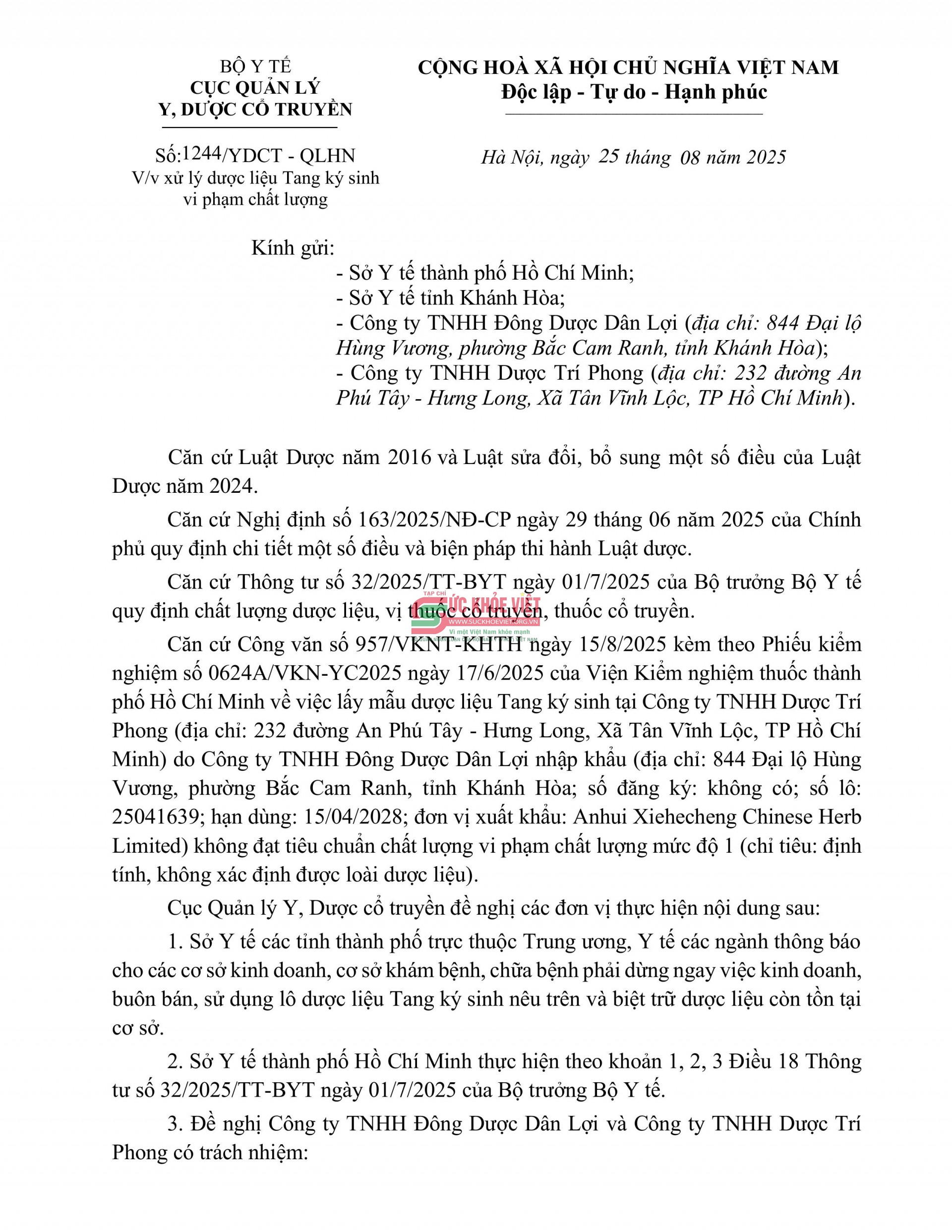 Nguy cơ từ dược liệu không rõ loài: Lô dược liệu “Tang ký sinh” nhập khẩu bị xử lý