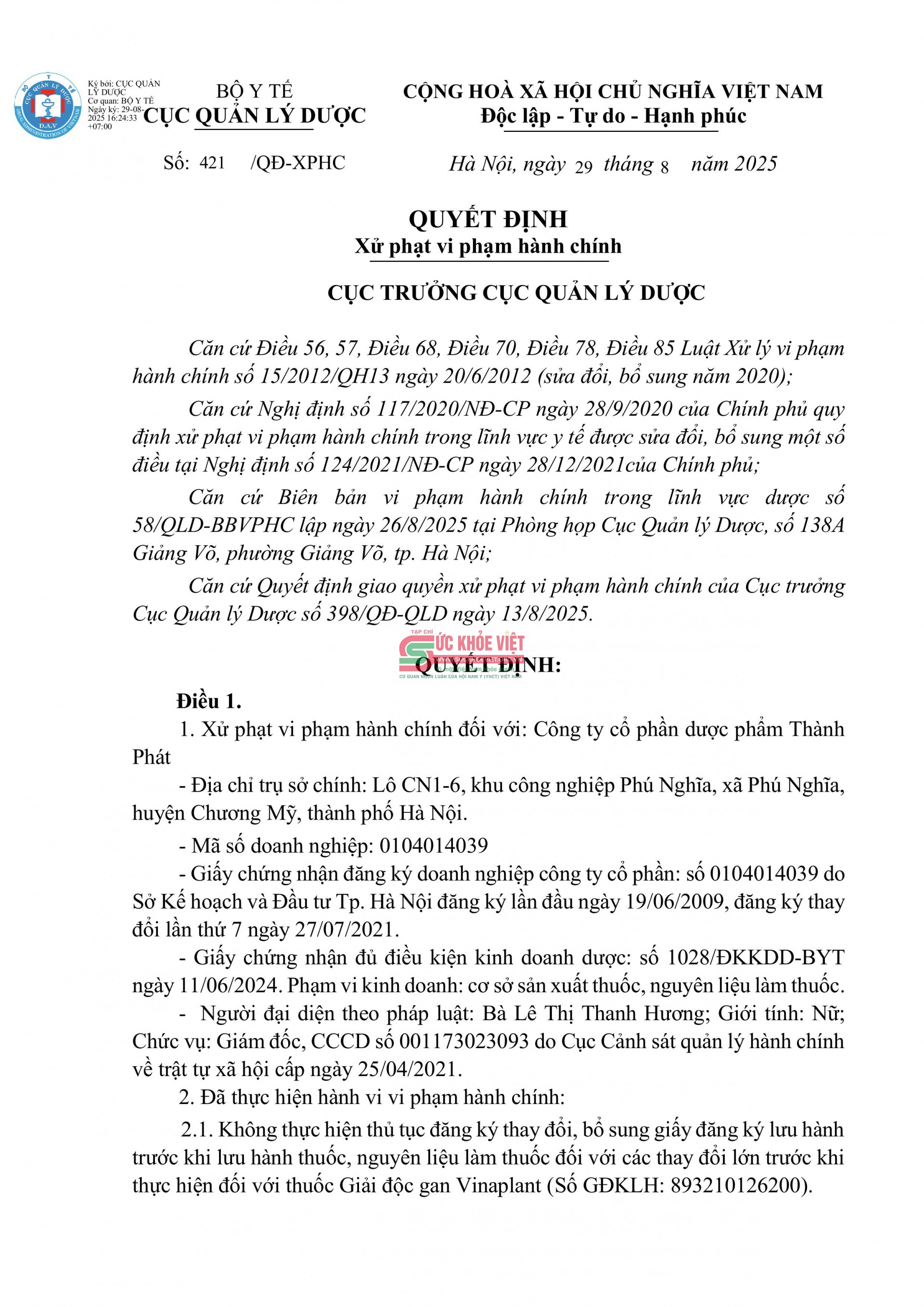 Dược phẩm Thành Phát bị phạt 180 triệu đồng, đình chỉ sản xuất 4,5 tháng