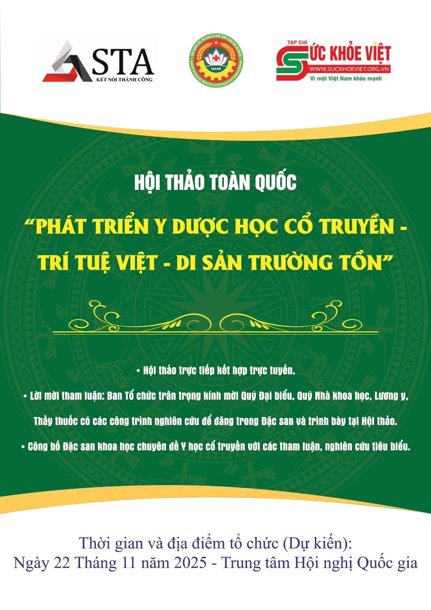 Hội thảo Toàn quốc “Phát triển Y dược học cổ truyền – Trí tuệ Việt – Di sản trường tồn” sẽ diễn ra tại Hà Nội
