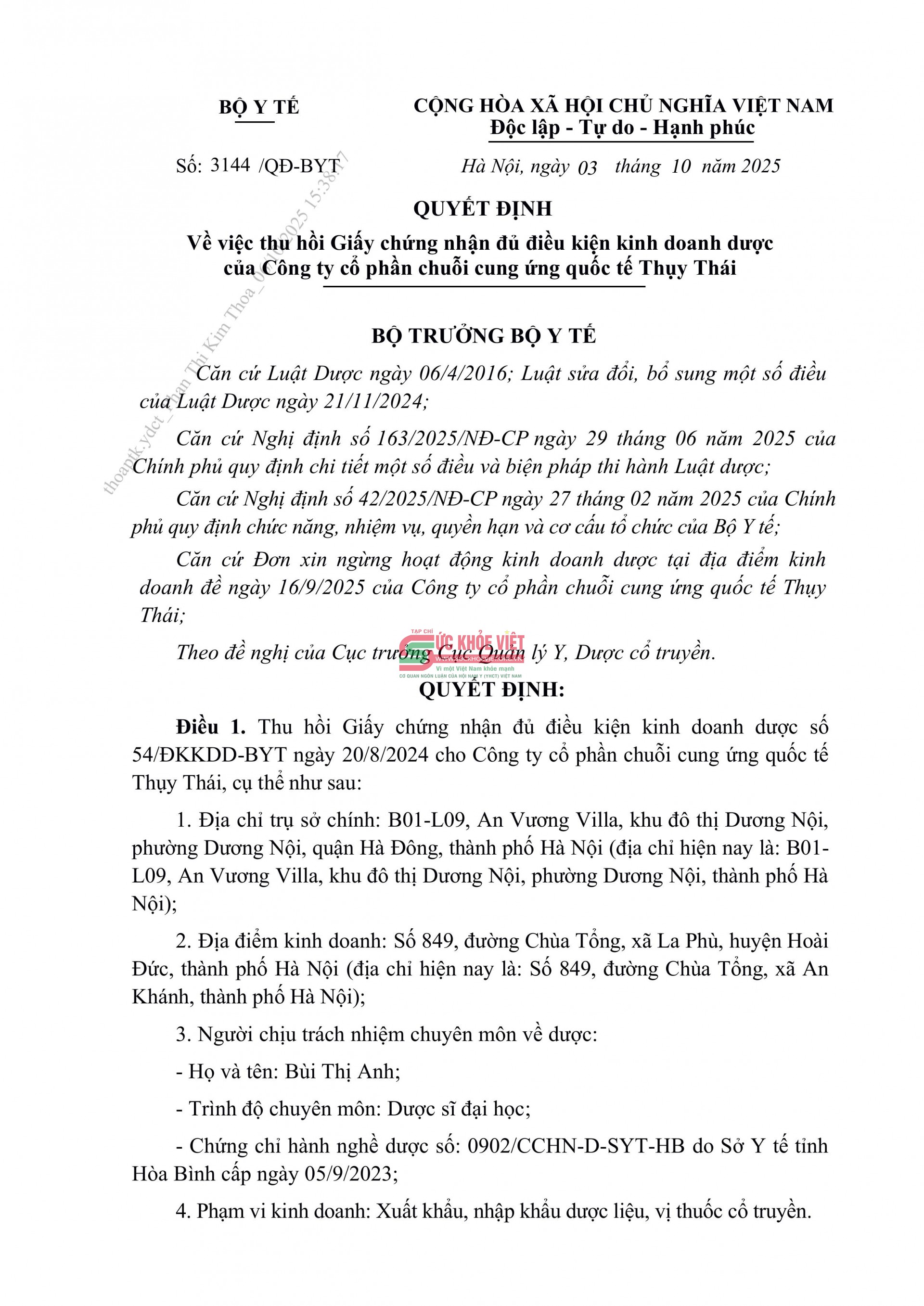Bộ Y tế thu hồi Giấy chứng nhận đủ điều kiện kinh doanh dược của Công ty Cổ phần Chuỗi cung ứng quốc tế Thụy Thái