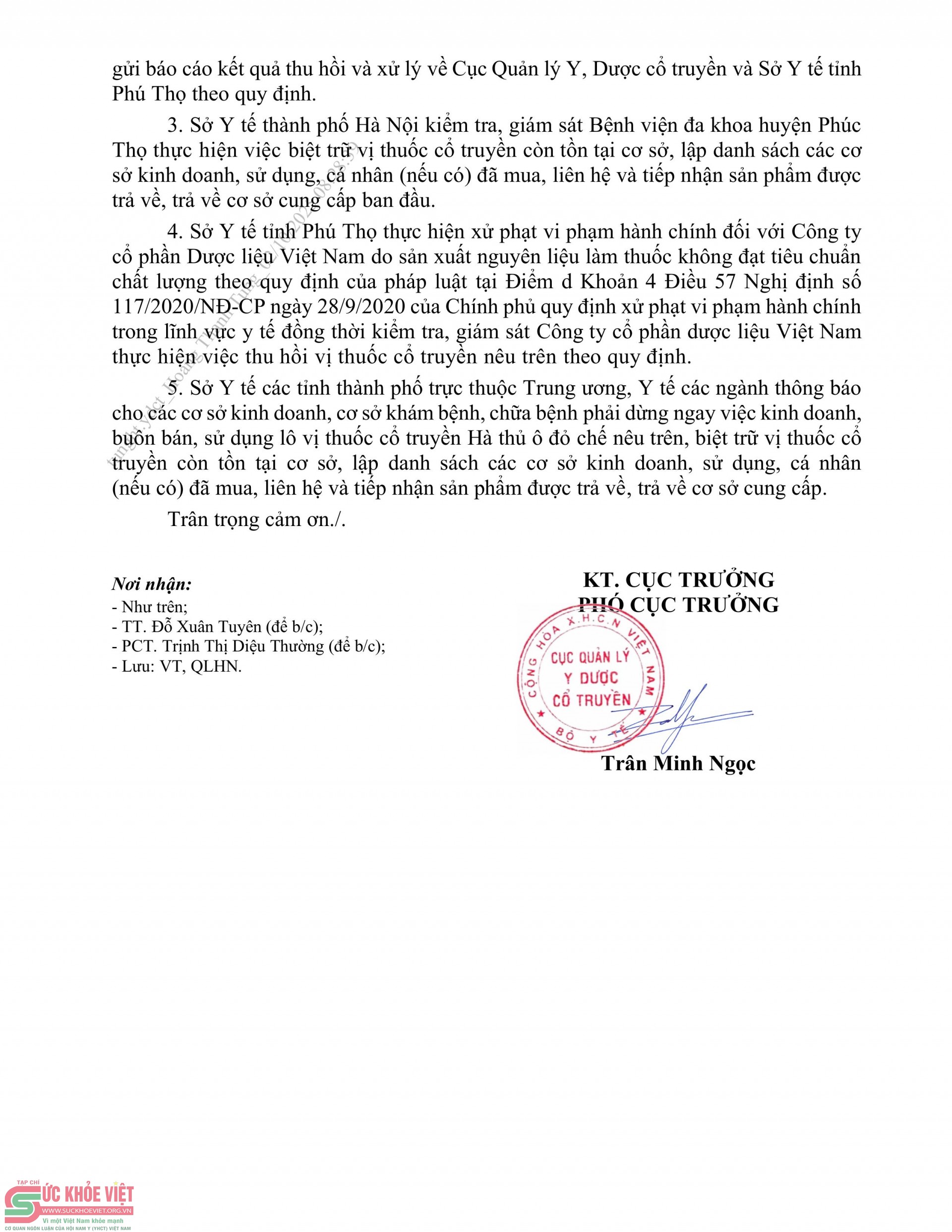 Thu hồi toàn quốc lô vị thuốc cổ truyền Hà thủ ô đỏ chế của công ty Cổ phần Dược liệu Việt Nam do vi phạm chất lượng mức độ 2