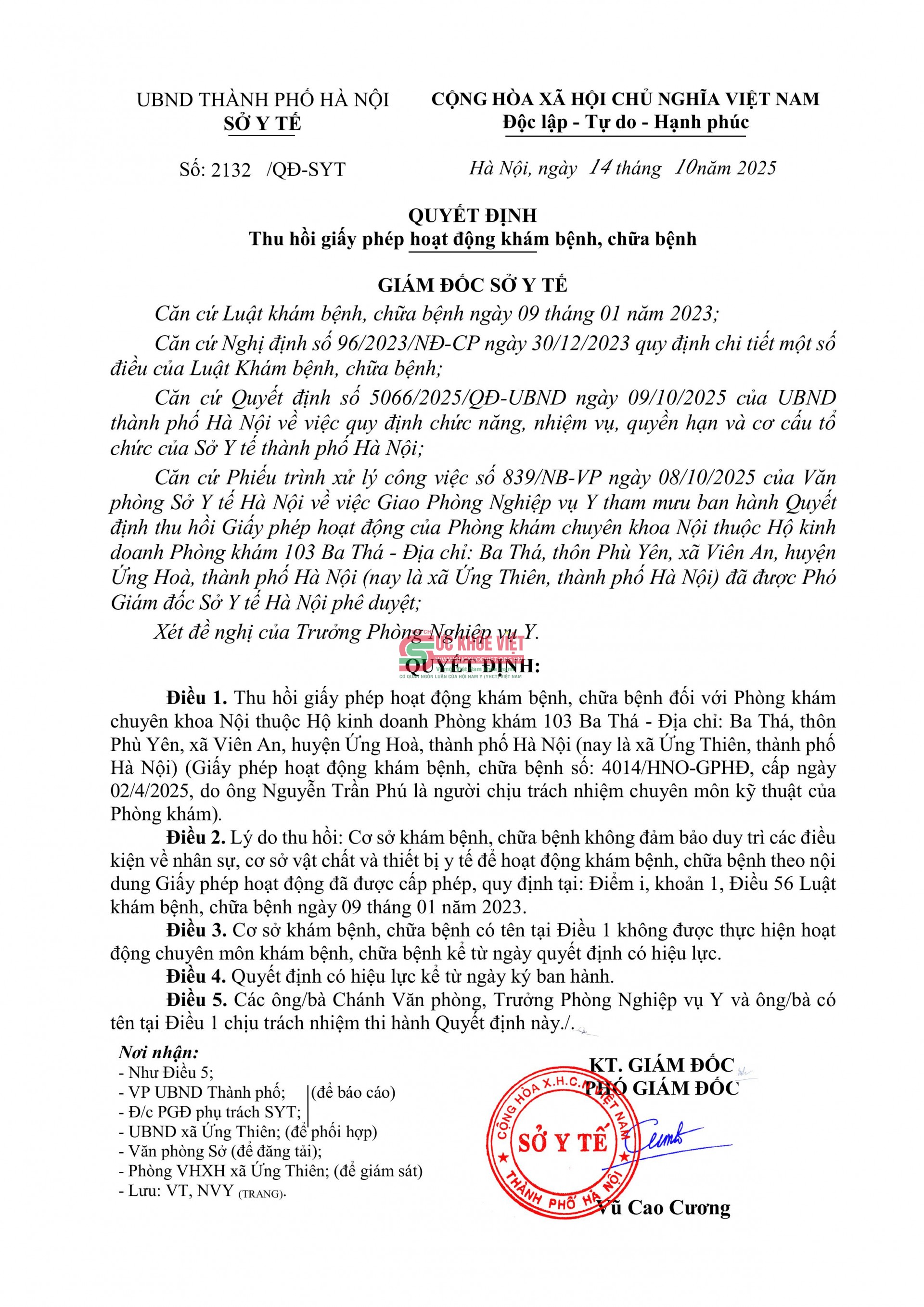 Thu hồi giấy phép hoạt động đối với Phòng khám chuyên khoa Nội 103 Ba Thá vì không đảm bảo điều kiện hành nghề