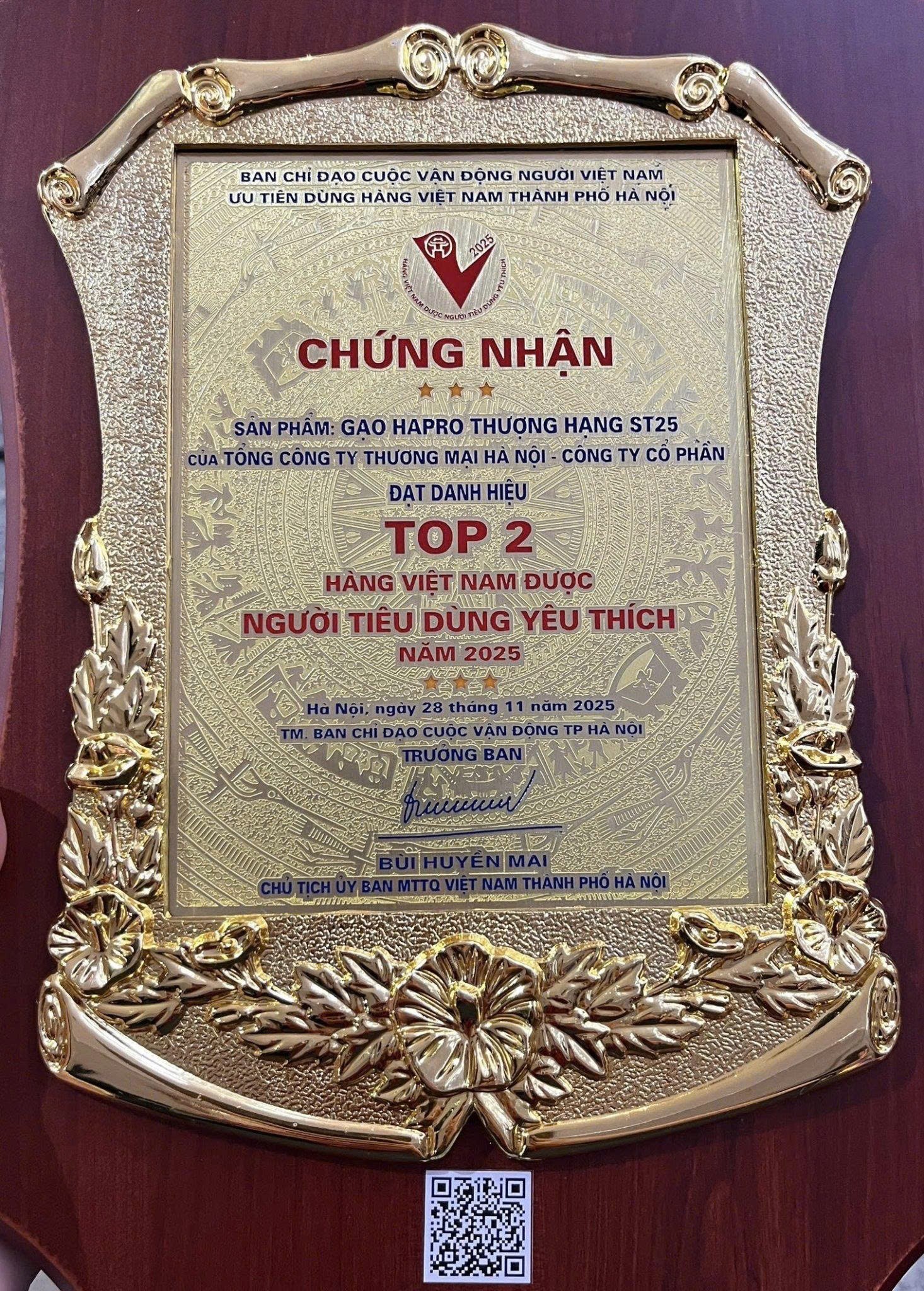 Gạo Hapro Thượng hạng ST25 đạt Top 2 “Hàng Việt Nam được người tiêu dùng yêu thích” năm 2025