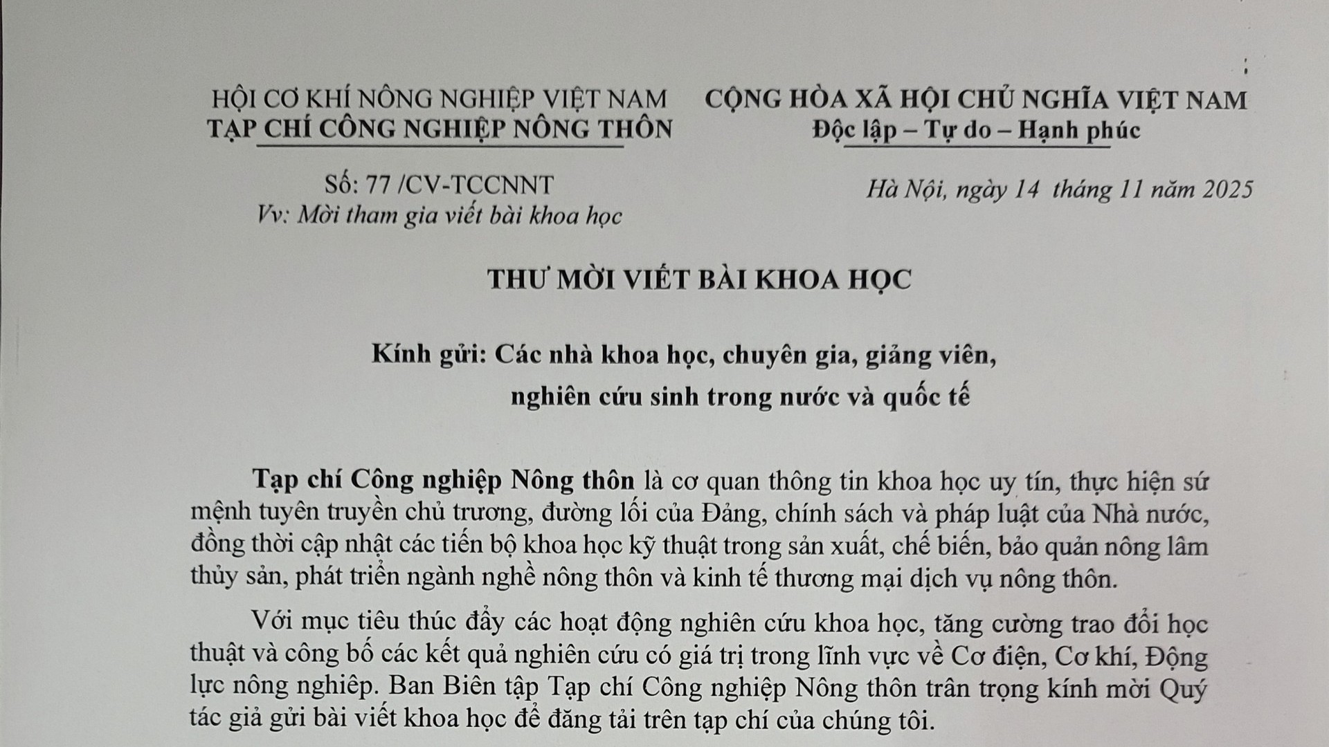 Tạp chí Công nghiệp Nông thôn: Bài báo khoa học, kết nối tri thức – Nâng tầm nghiên cứu
