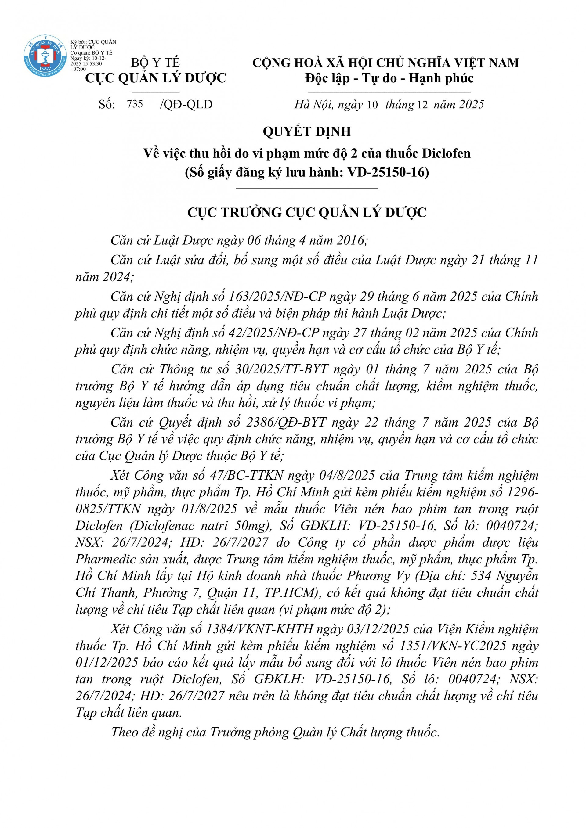 Thu hồi thuốc Diclofen do vi phạm chất lượng – Người bệnh cần biết gì? Thu hồi thuốc Diclofen do vi phạm chất lượng – Người bệnh cần biết gì?