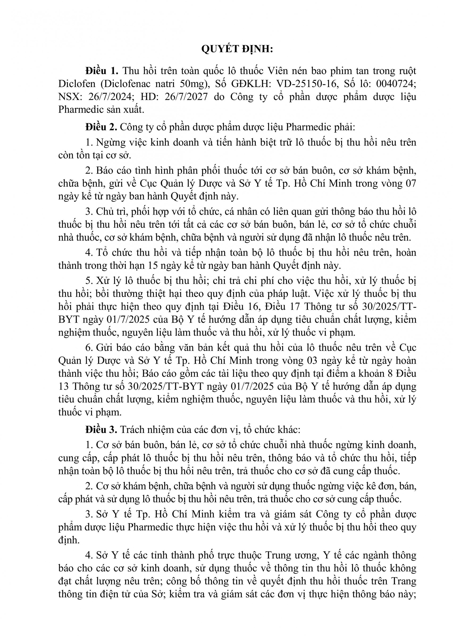 Thu hồi thuốc Diclofen do vi phạm chất lượng – Người bệnh cần biết gì? Thu hồi thuốc Diclofen do vi phạm chất lượng – Người bệnh cần biết gì?