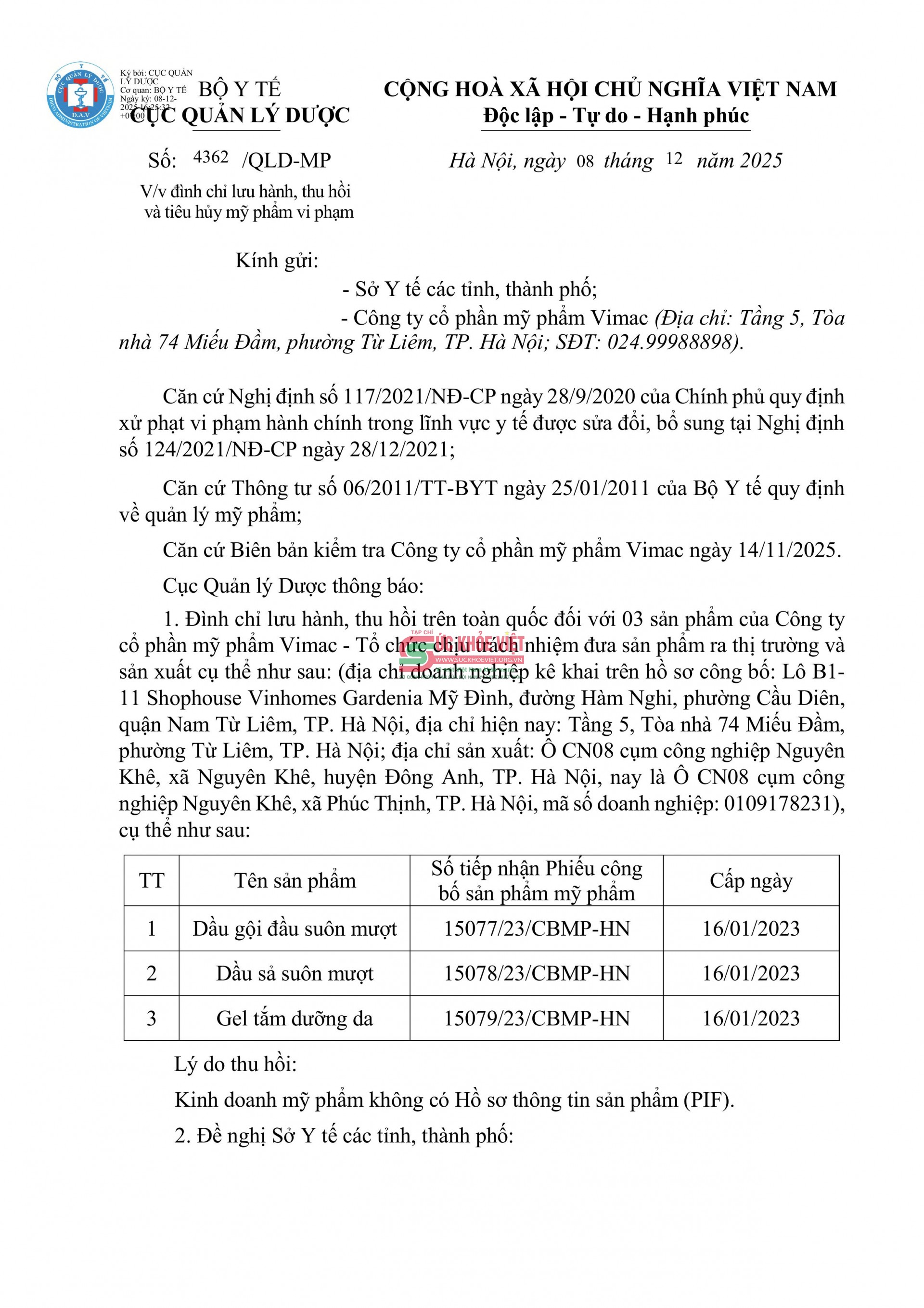 Cục Quản lý Dược đình chỉ lưu hành, thu hồi 3 sản phẩm của Công ty cổ phần mỹ phẩm Vimac do vi phạm quy định