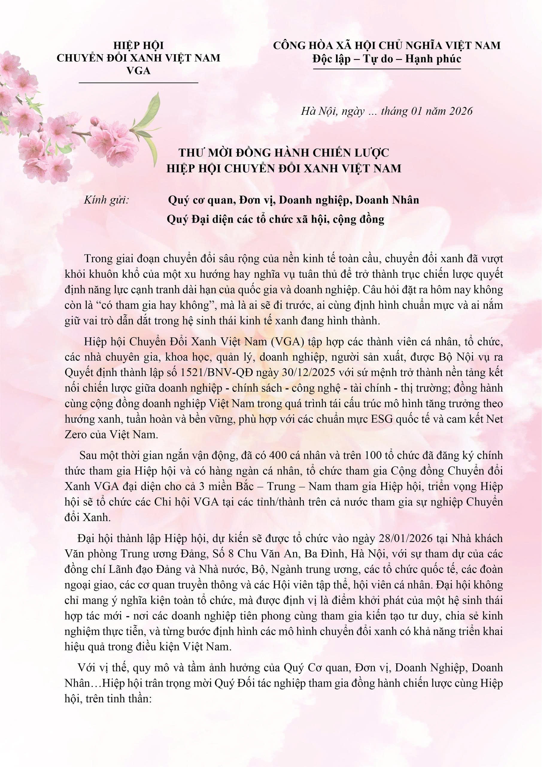 Sắp diễn ra Đại hội Hiệp hội Chuyển đổi Xanh Việt Nam nhiệm kỳ I (2025 – 2030) Sắp diễn ra Đại hội Hiệp hội Chuyển đổi Xanh Việt Nam nhiệm kỳ I (2025 – 2030)