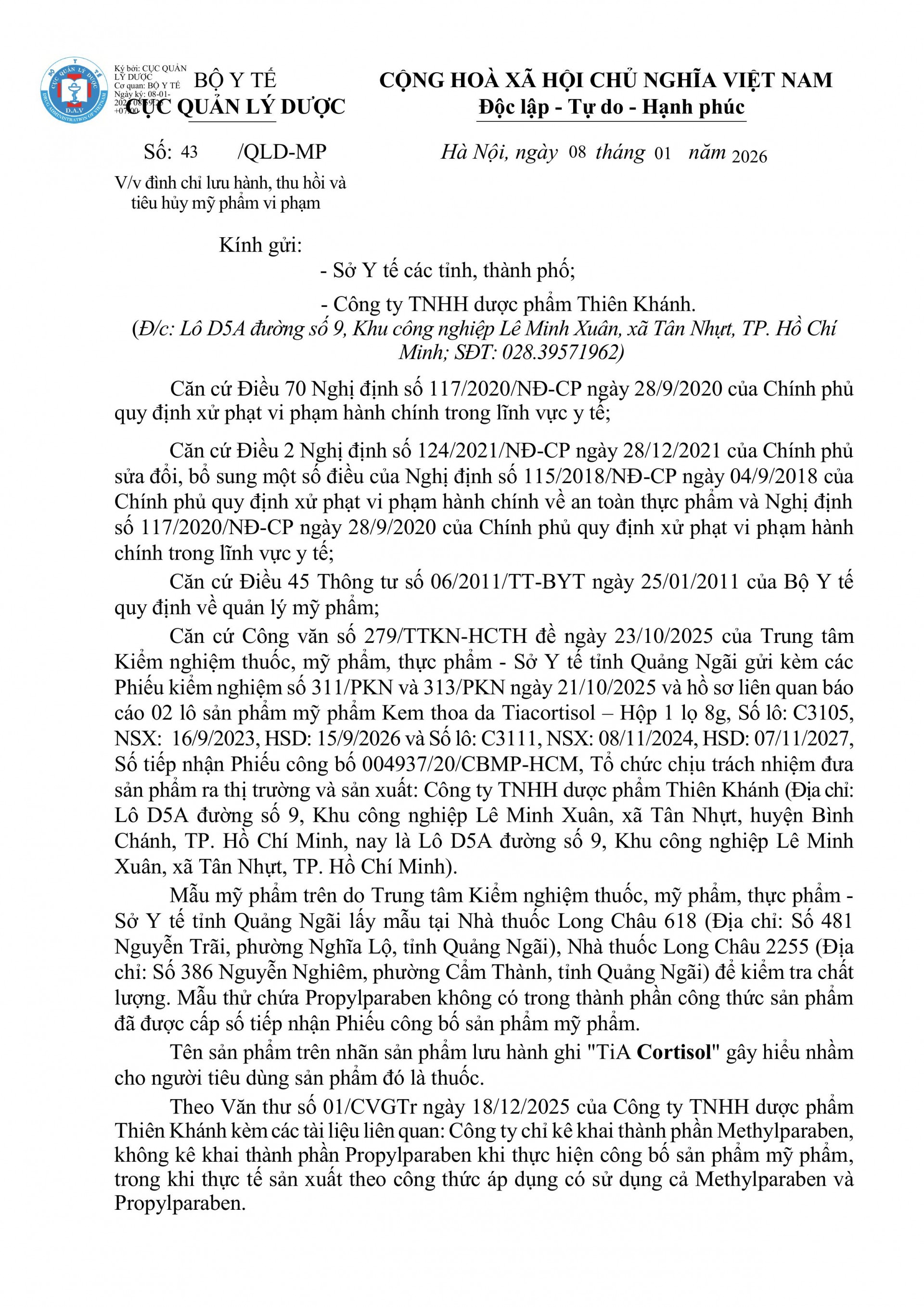 Công ty Dược phẩm Thiên Khánh bị thu hồi và tiêu hủy toàn quốc lô kem Tiacortisol do vi phạm công bố gây hiểu nhầm là thuốc